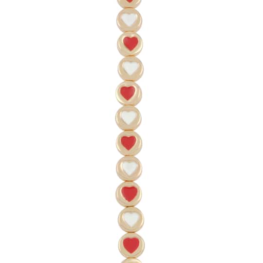 Red &#x26; White Enamel Metal Round Heart Beads, 8mm by Bead Landing&#x2122;